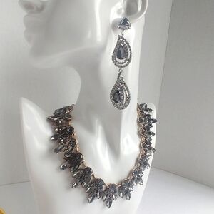 Smokey Grey Rhinstone Necklace Earrings Set